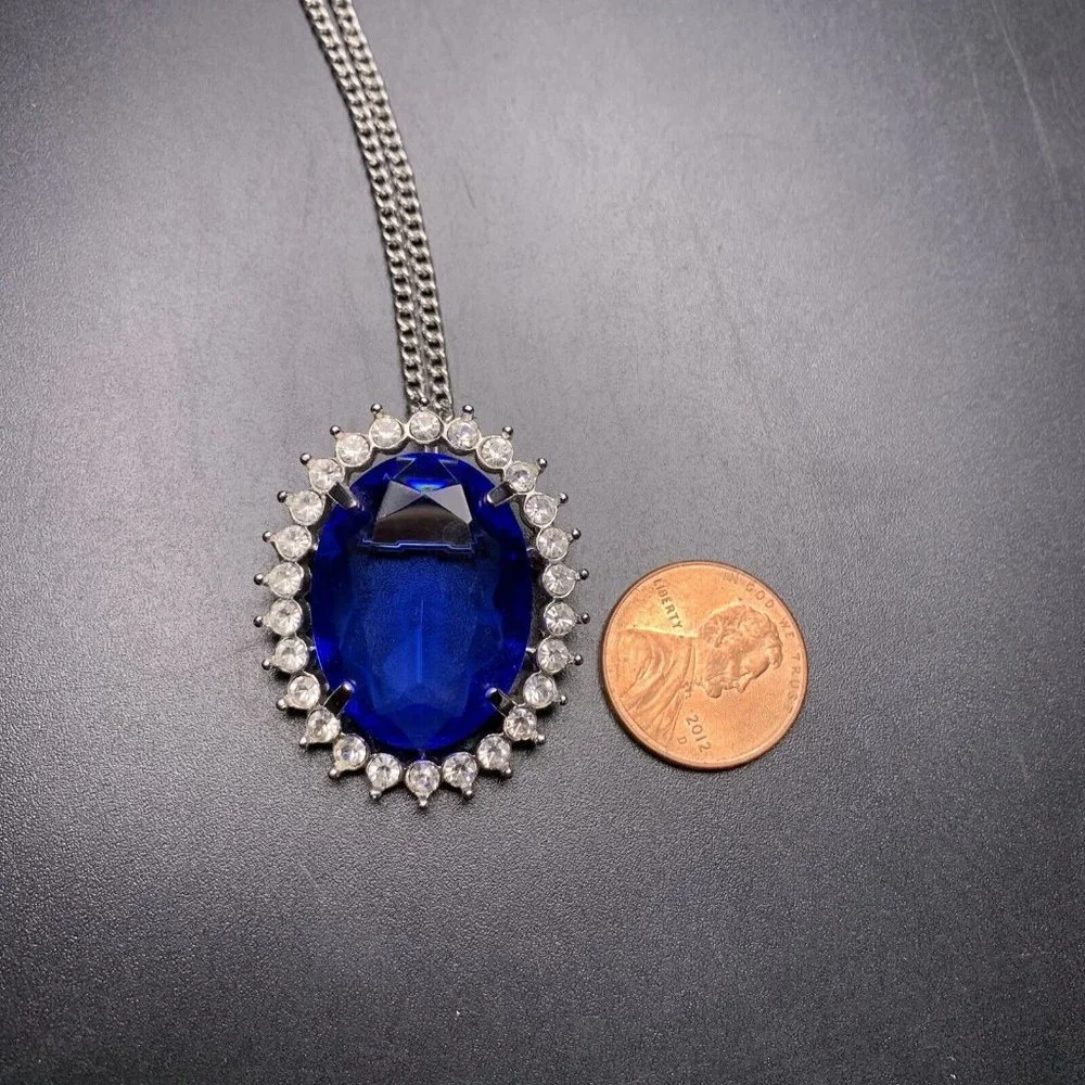 Faux Sapphire Pendant Necklace or Brooch Glass Oval Silver Tone Glam Vintage